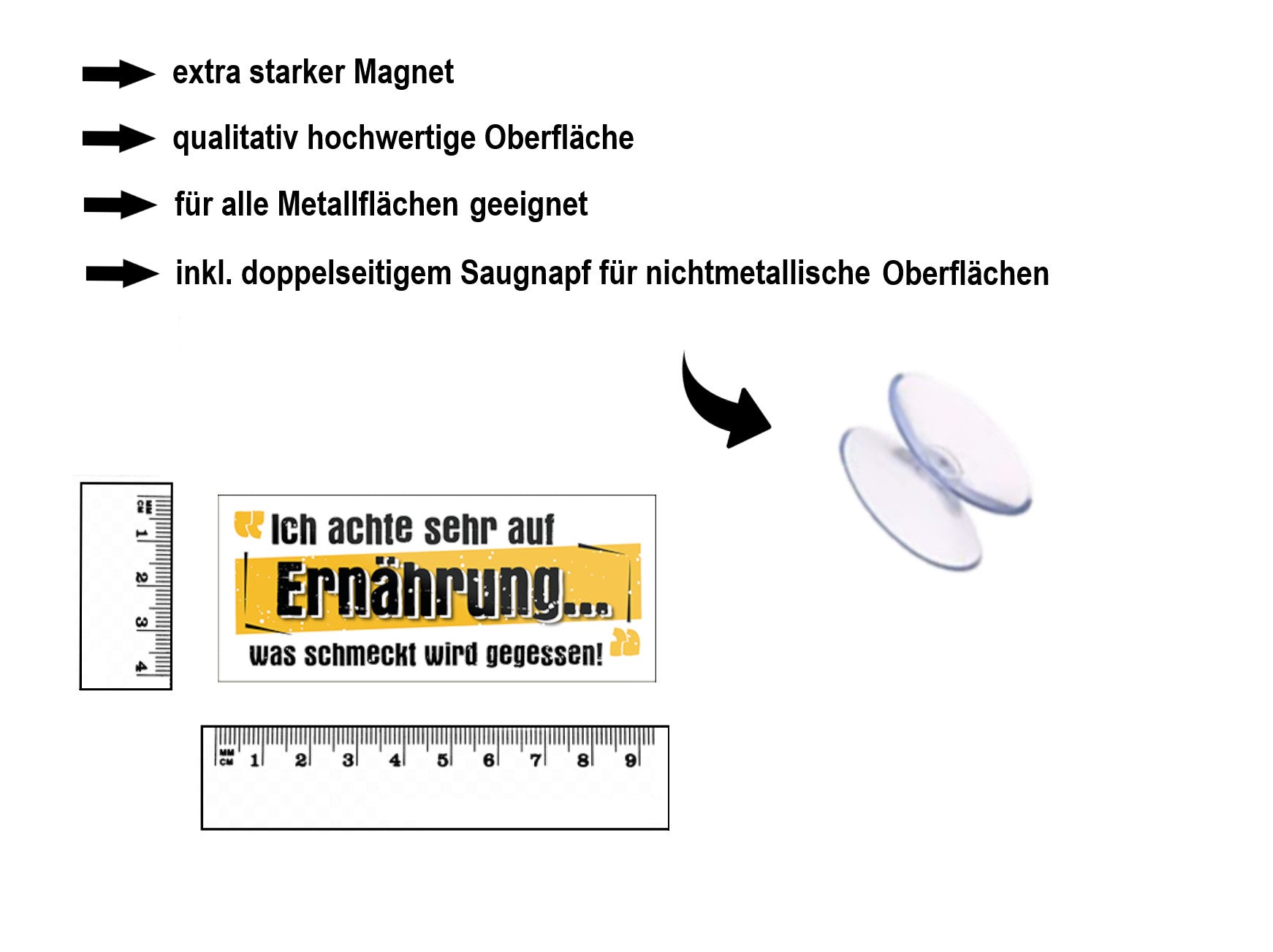 Magnet ''Ich achte sehr auf Ernährung was schmeckt wird gegessen'' 9,3x4cm