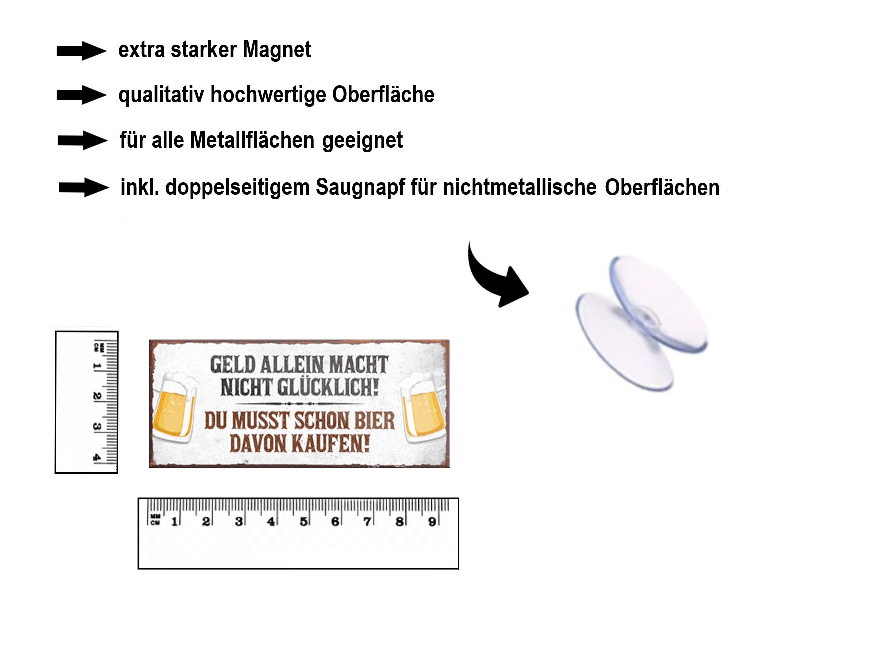 Magnet ''Geld allein macht nicht Glücklich Bier kaufen'' 9,3x4cm