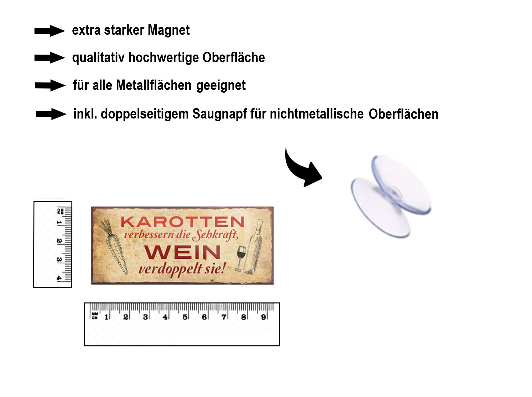 Magnet ''Karotten verbessern die Sehkraft. Wein verdoppelt sie'' 9,3x4cm