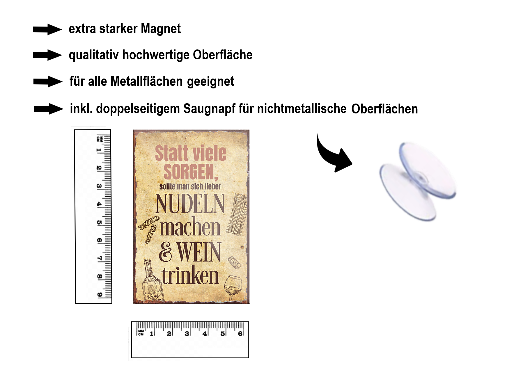 Magnet ''Statt viele Sorgen lieber Nudeln Wein'' 9x6x0,3cm