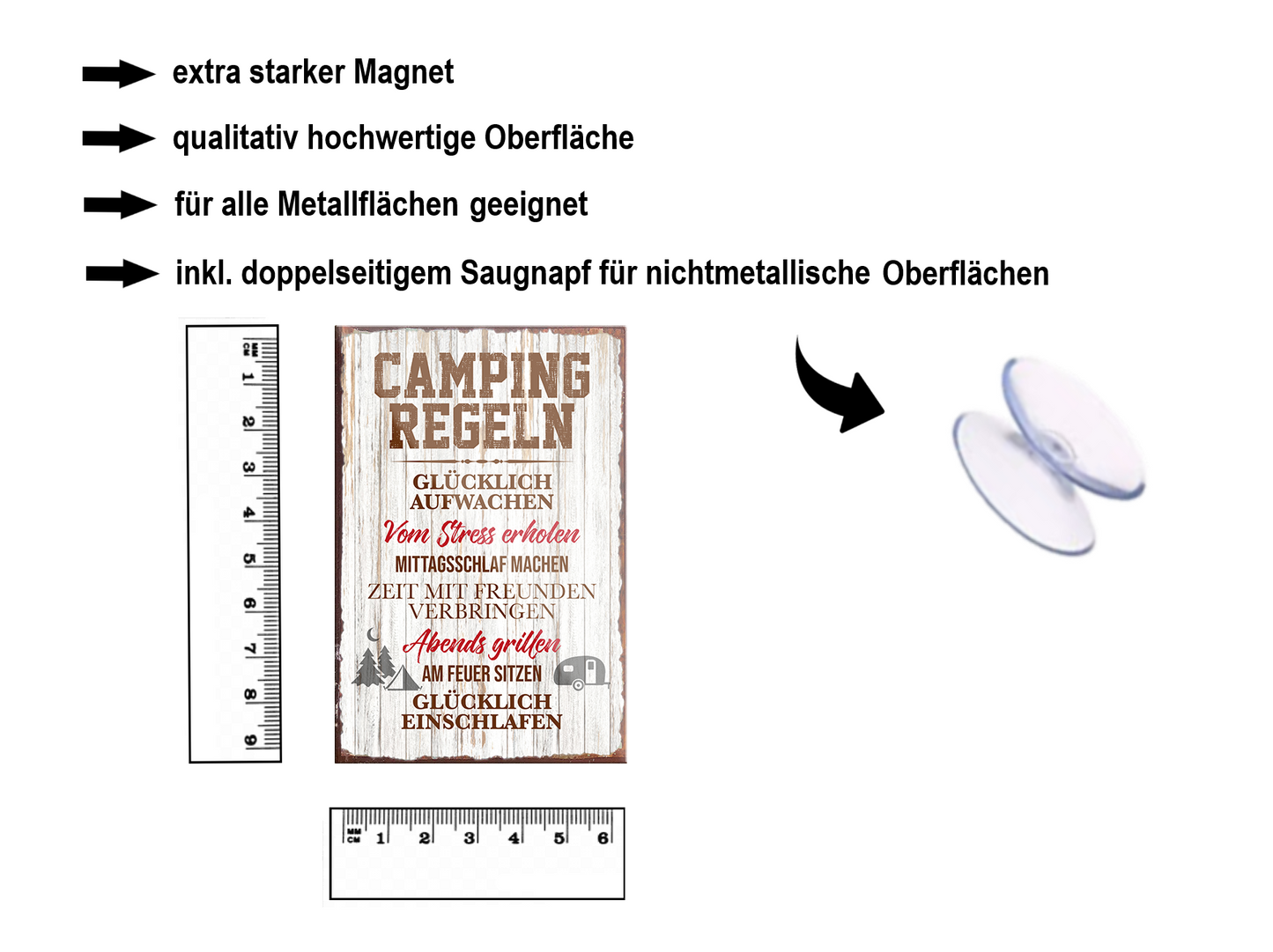 Magnet ''Camping Regeln Glücklich aufwachen'' 9x6x0,3cm