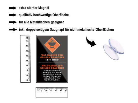 Magnet ''Was Männer zum Grillen Brauchen Fleisch Bier'' 9x6x0,3cm