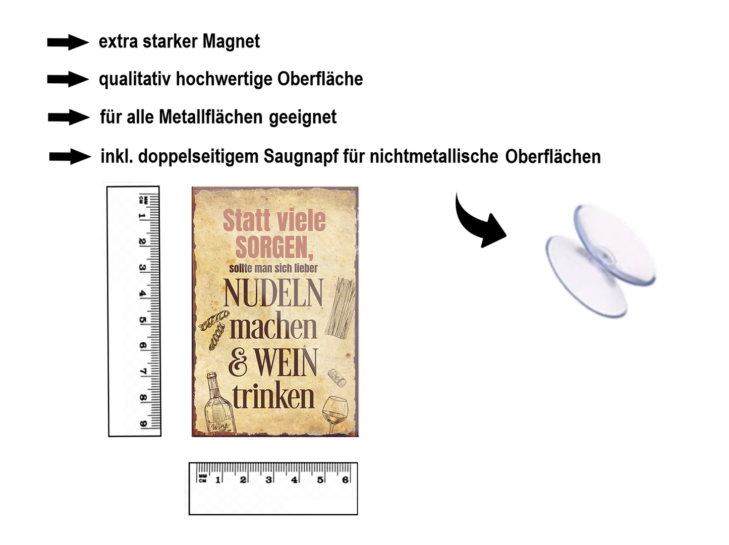 Magnet ''Statt viele Sorgen lieber Nudeln Wein'' 9x6x0,3cm