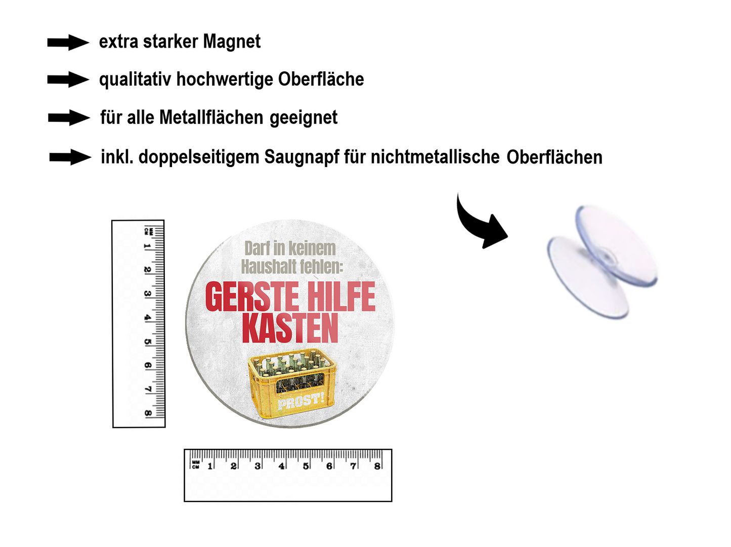 Magnet ''Darf in keinem Haushalt fehlen Gerstehilfekasten (grau)'' 8x8x0,3cm