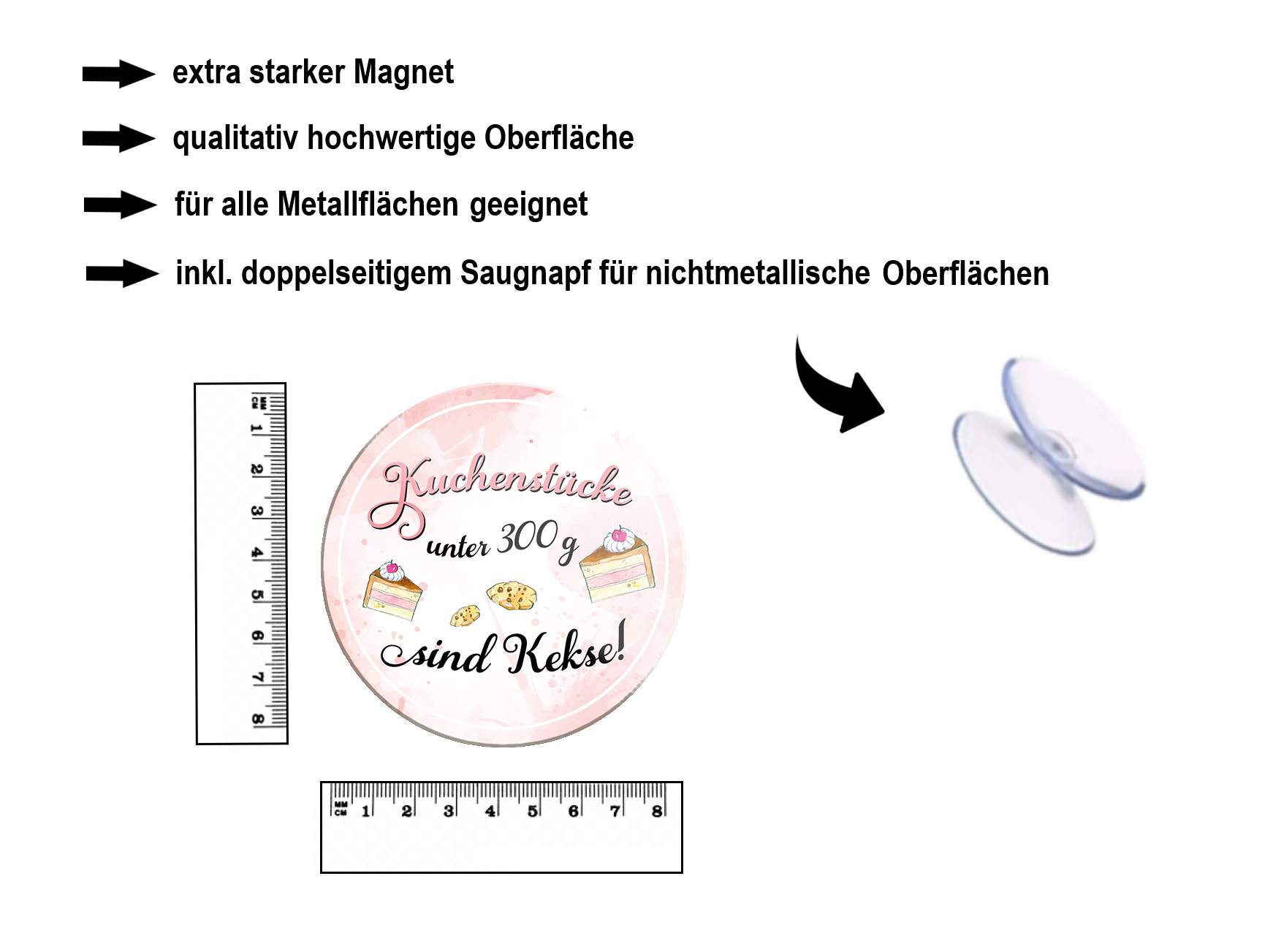 Magnet ''Kuchenstücke unter 300g sind Kekse'' 8x8x0,3cm