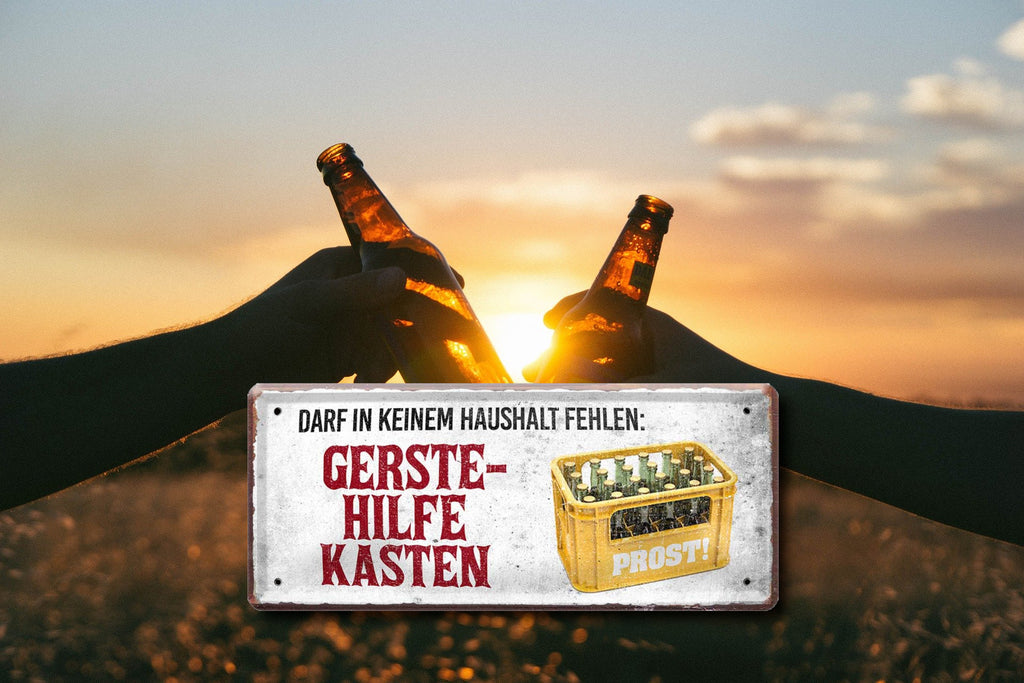 Blechschild ''Darf in keinem Haushalt fehlen Gerstehilfekasten (gelber Kasten)'' 28x12cm