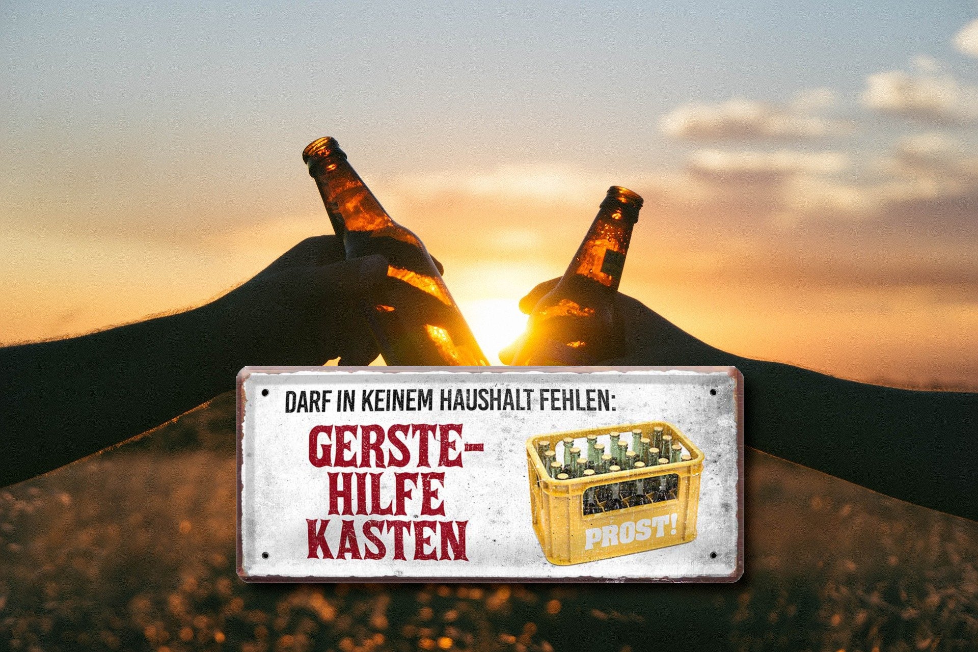 Blechschild ''Darf in keinem Haushalt fehlen Gerstehilfekasten (gelber Kasten)'' 28x12cm