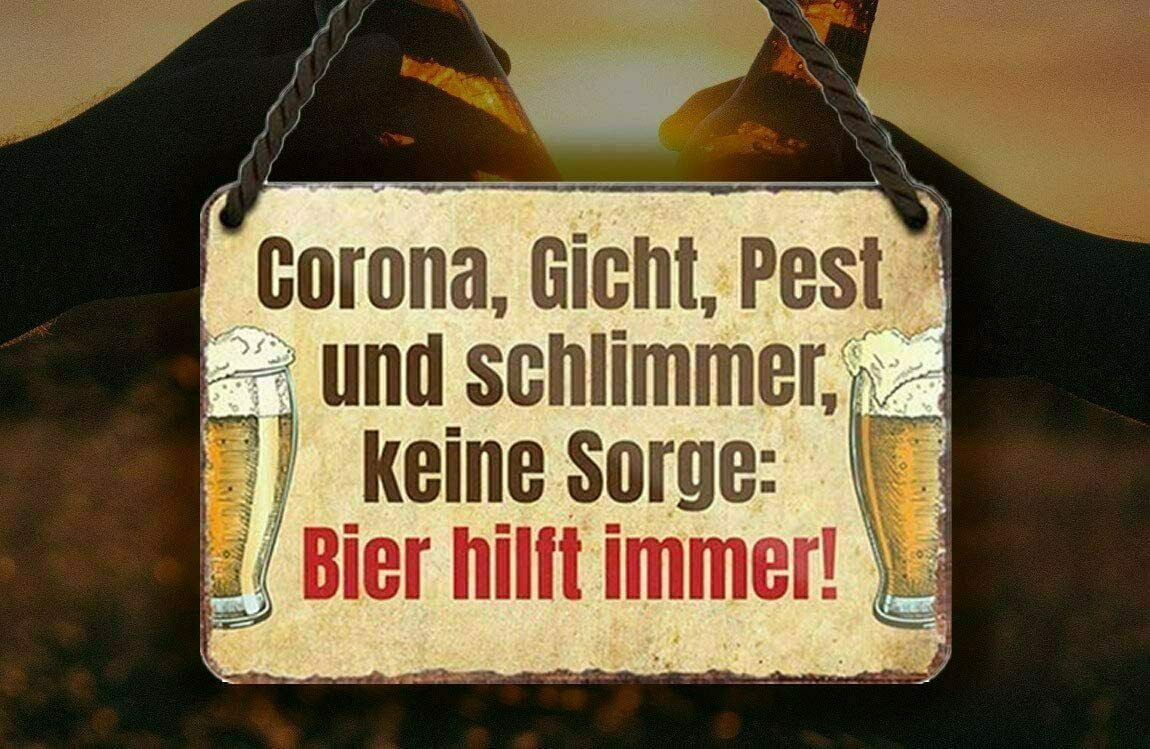 Tin sign ''Corona, gout, plague and worse, don't worry. Beer always helps'' 18x12cm