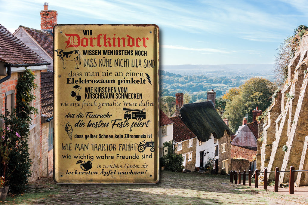 Blechschild ''Wir Dorfkinder wissen noch Kühe nicht lila'' 20x30cm