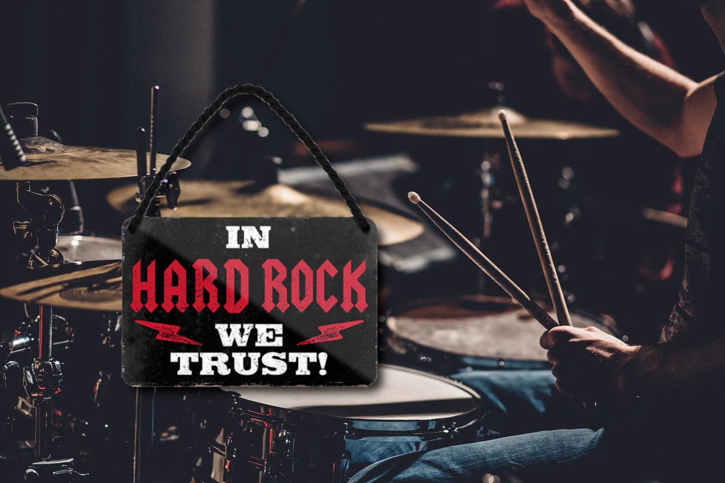 Tin sign "In Hard Rock we trust" 18x12cm