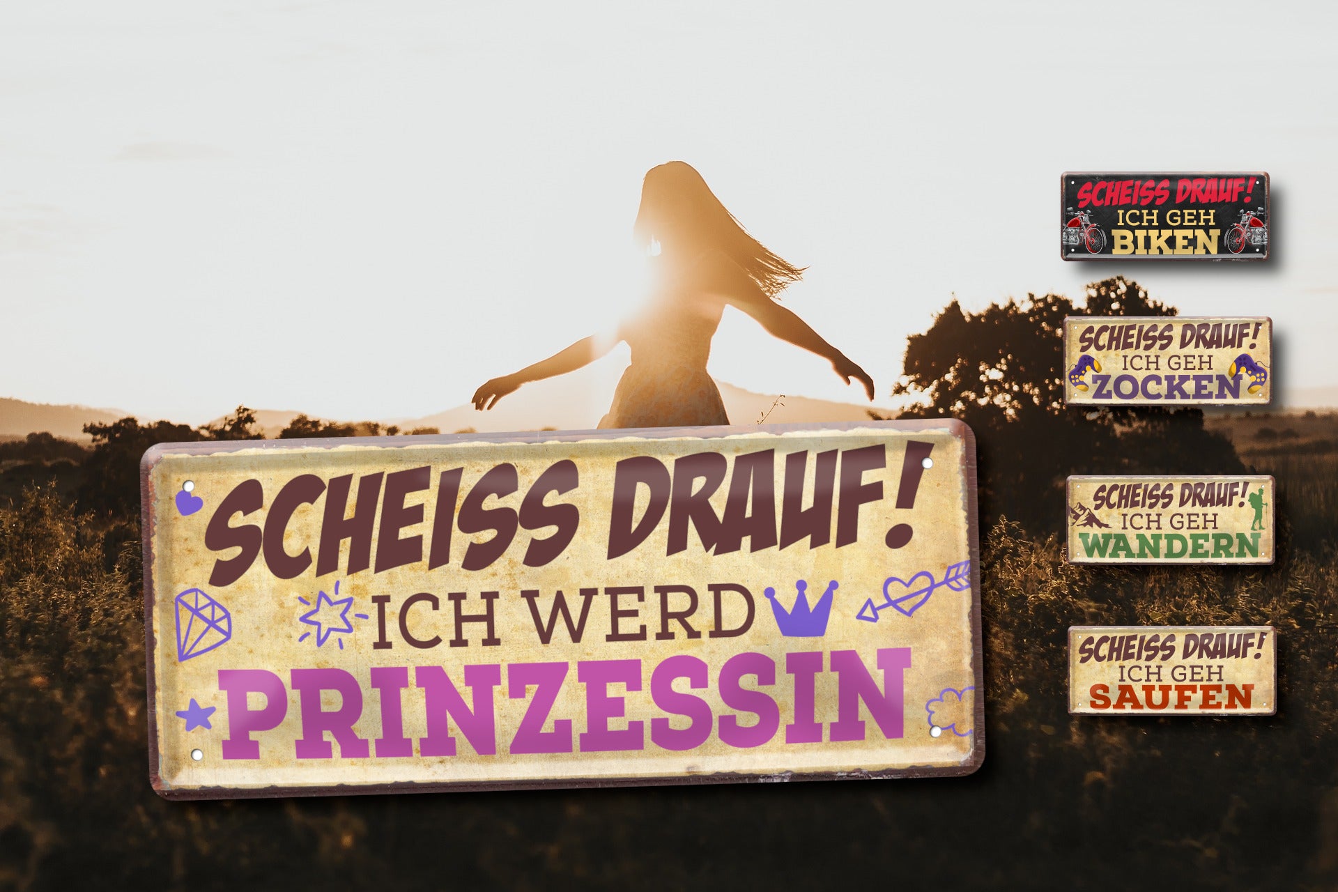 Blechschilder ''Scheiss Drauf'' Saufen Kaffee Biken Meer Urlaub Prinzessin uvm 28x12cm