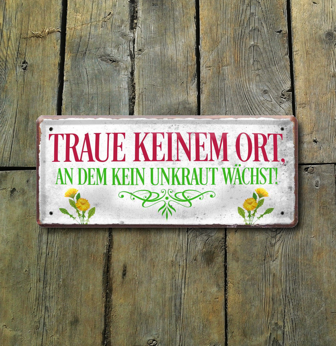 Blechschild ''Traue keinem Ort an dem kein Unkraut wächst'' 28x12cm