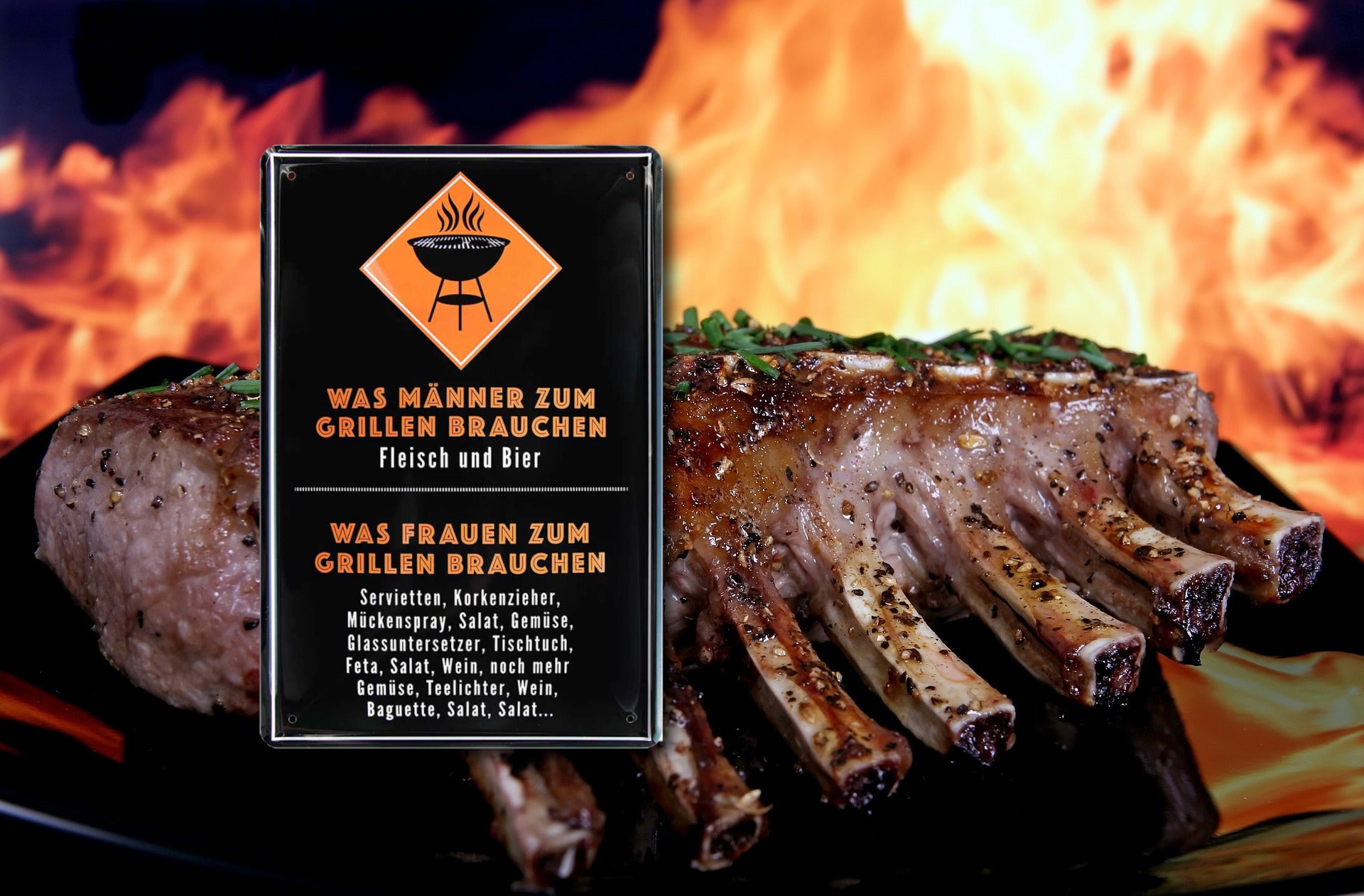 Magnet ''Was Männer zum Grillen Brauchen Fleisch Bier'' 9x6x0,3cm