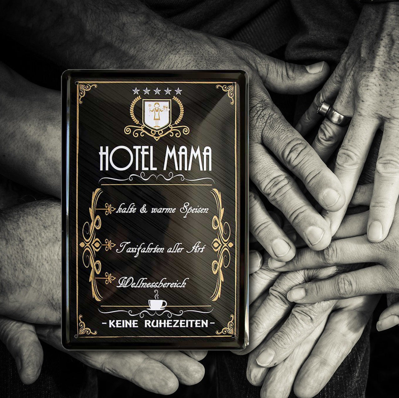 Tin sign "Hotel Mama cold and warm dishes, taxi rides of all kinds" 20x30cm