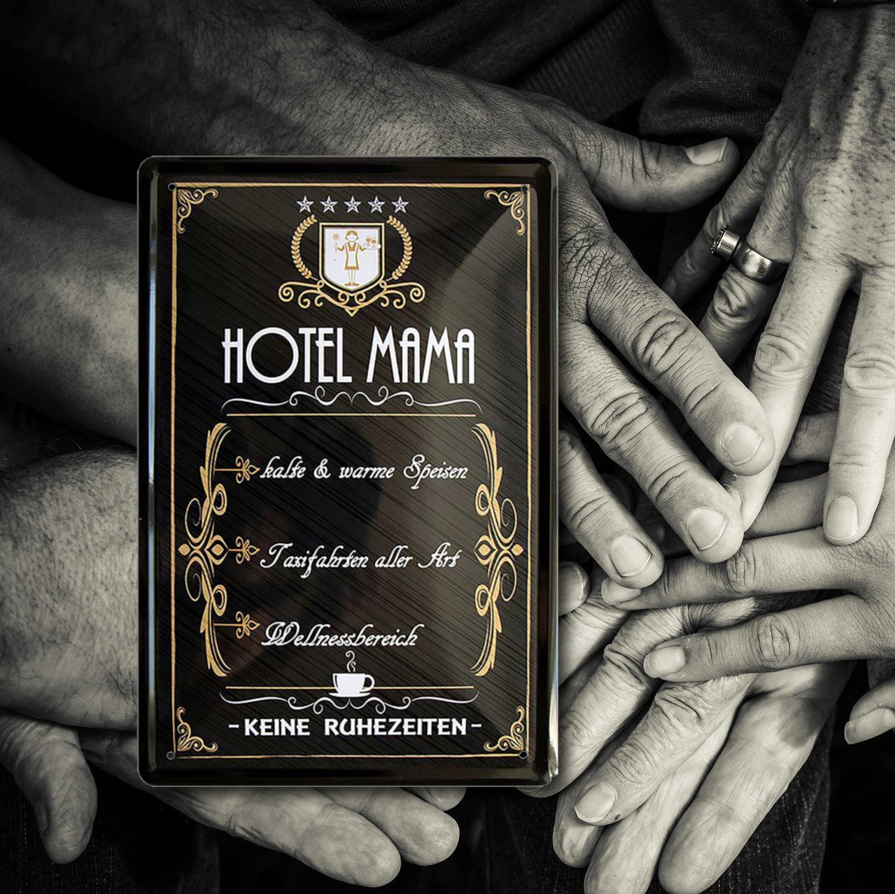Blechschild ''Hotel Mama kalte und warme Speisen, Taxifahrten aller Art'' 20x30cm