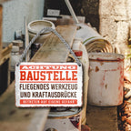 Blechschild ''Achtung Baustelle. Fliegendes Werkzeug und Kraftausdrücke'' 18x12cm