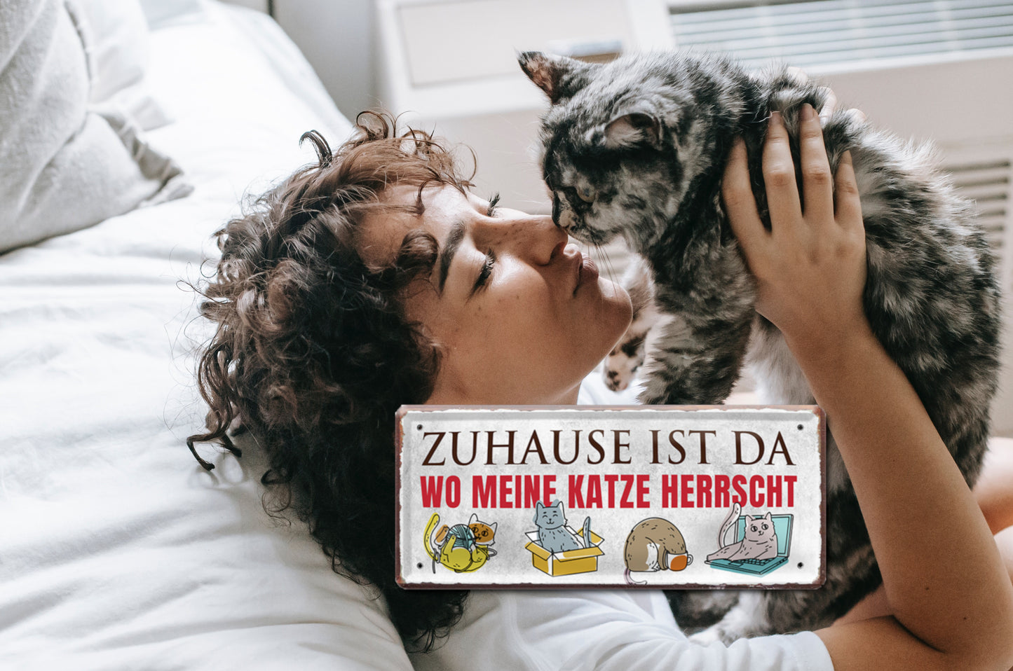 Blechschild ''Zuhause ist da, wo meine Katze herrscht'' 28x12cm