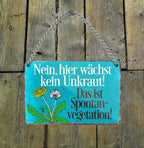 Metal sign ''No, weeds don't grow here. This is spontaneous vegetation'' 18x12cm