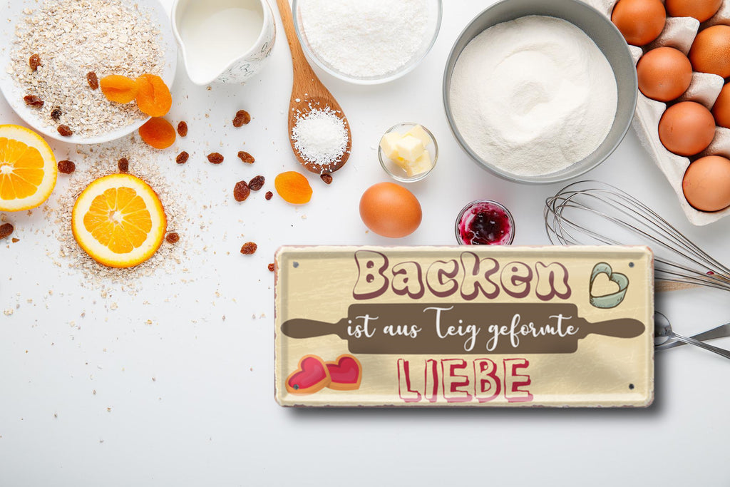Blechschild ''Backen ist aus Teig geformte Liebe'' 28x12cm
