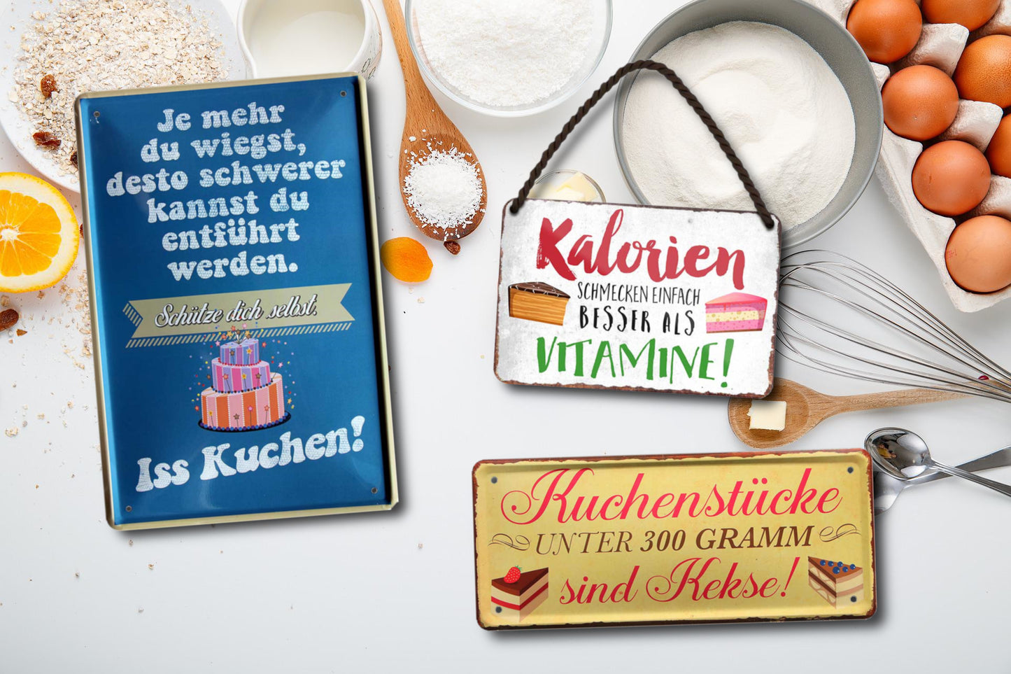 Blechschild ''Kuchenstücke unter 300 Gramm sind Kekse'' 28x12cm