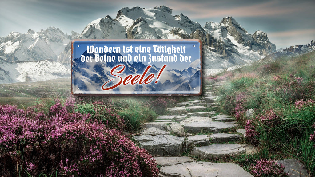 Blechschild ''Wandern ist eine Tätigkeit der Beine Seele'' 28x12cm