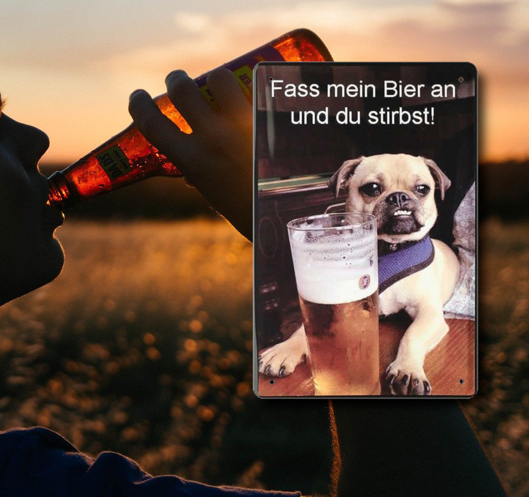 Tin sign ''Touch my beer (pug beer)'' 20x30cm