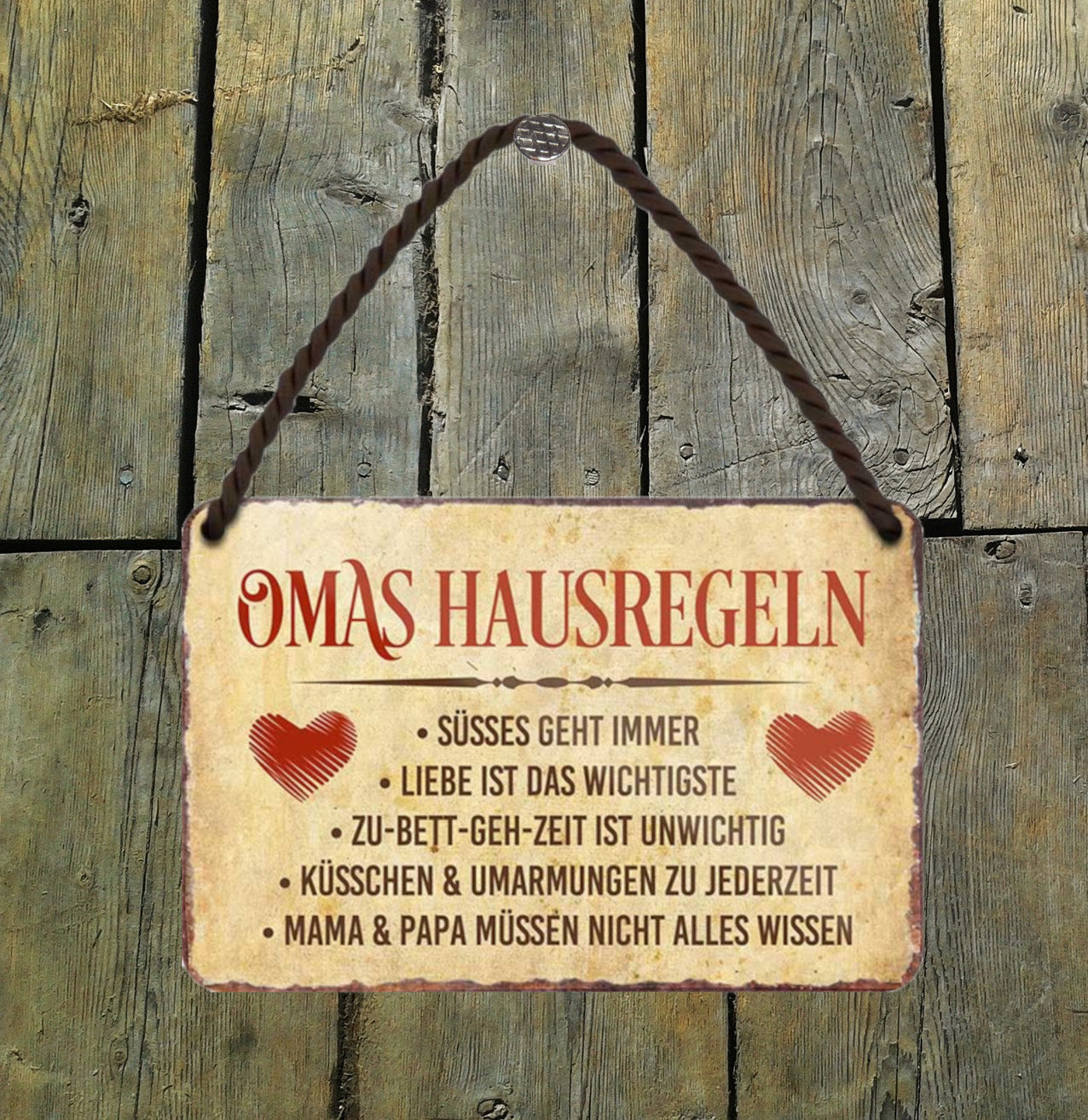Blechschild ''Omas Hausregeln, Süsses geht immer'' 18x12cm