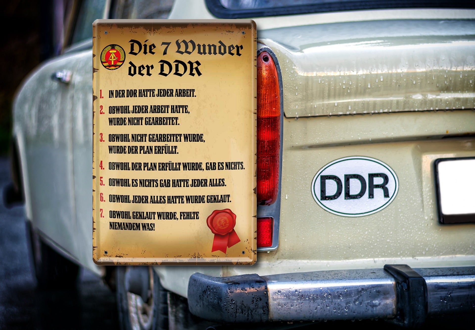 Tin sign "The 7 wonders of the GDR" 20x30cm