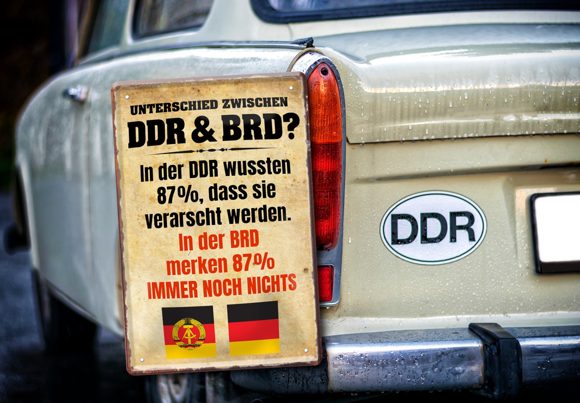 Tin sign "Difference between DDR &amp; FRG" 20x30cm