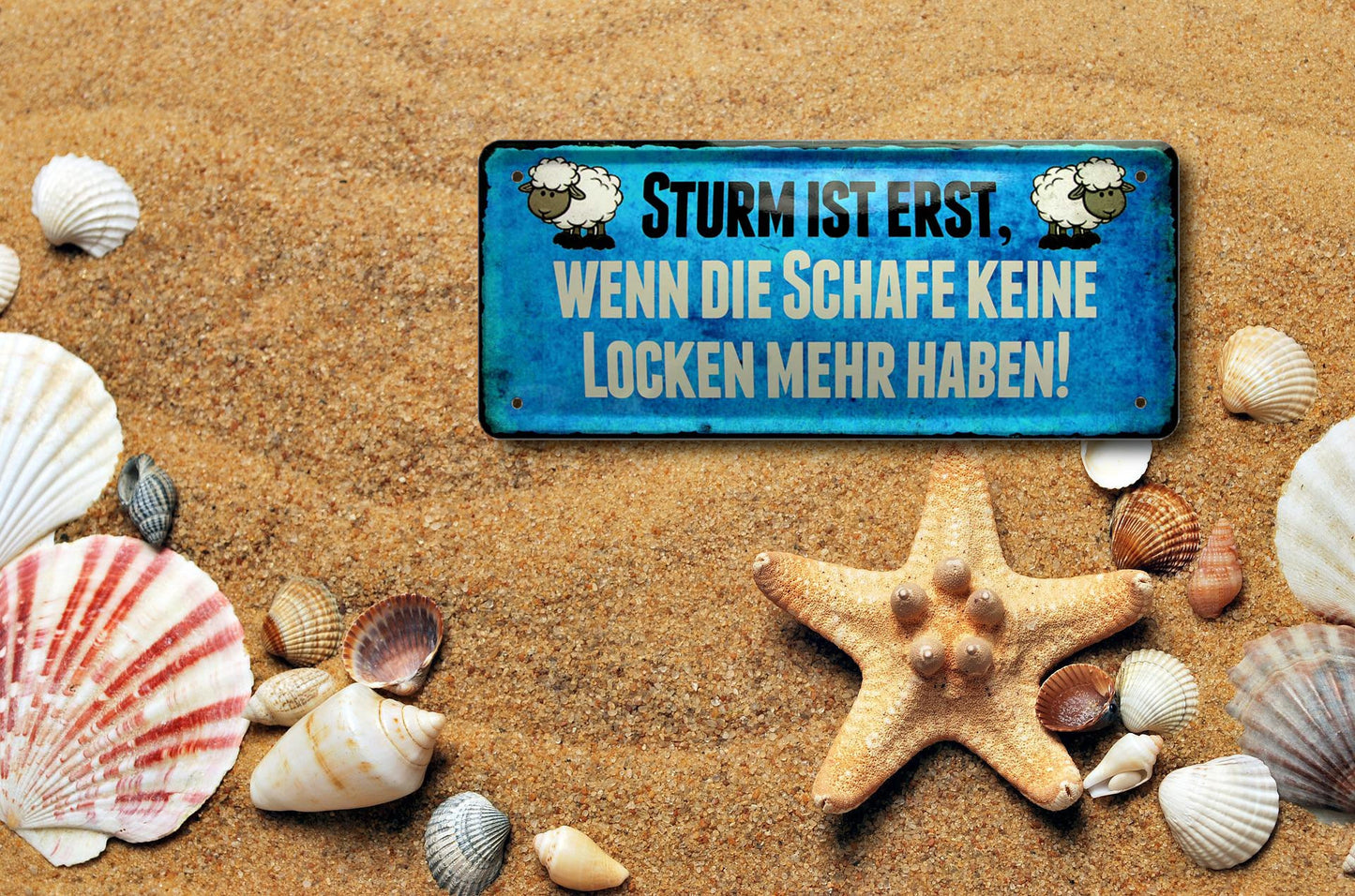 Blechschild ''Sturm ist erst, wenn die Schafe keine Locken mehr haben'' 28x12cm