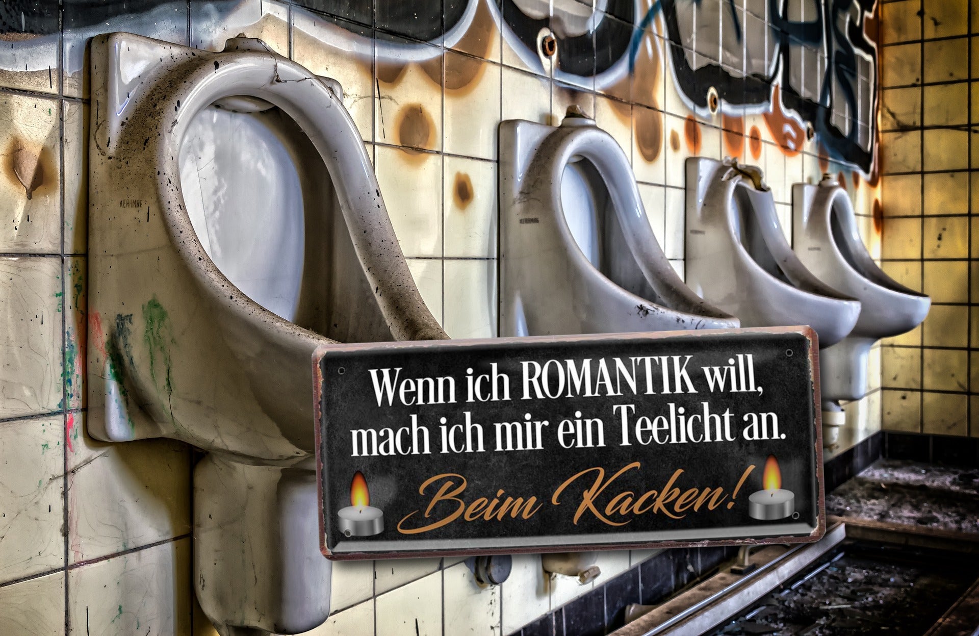 Blechschild ''Wenn ich Romantik will, mach Teelicht an. Beim Kacken'' 28x12cm