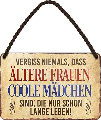 4252024210538 Schilderstore24 Schilderstore24 Blechschilder sind perfekt als Geschenk zu Weihnachten, Geburtstage, Feiern, Partys, Grillabende, Namenstag, Feiertag, Mädelsabend, Hochzeit. Jederzeit stilvoll im Wohnzimmer, Partykeller, Garage, Praxis, Büro, Café, Hauseingang Sarkasmus Ironie Funny Schwarzer Humor faul dumm fun rente lästern teufel	 ''Vergiss niemals ältere Frauen coole Mädchen''		18x12cm