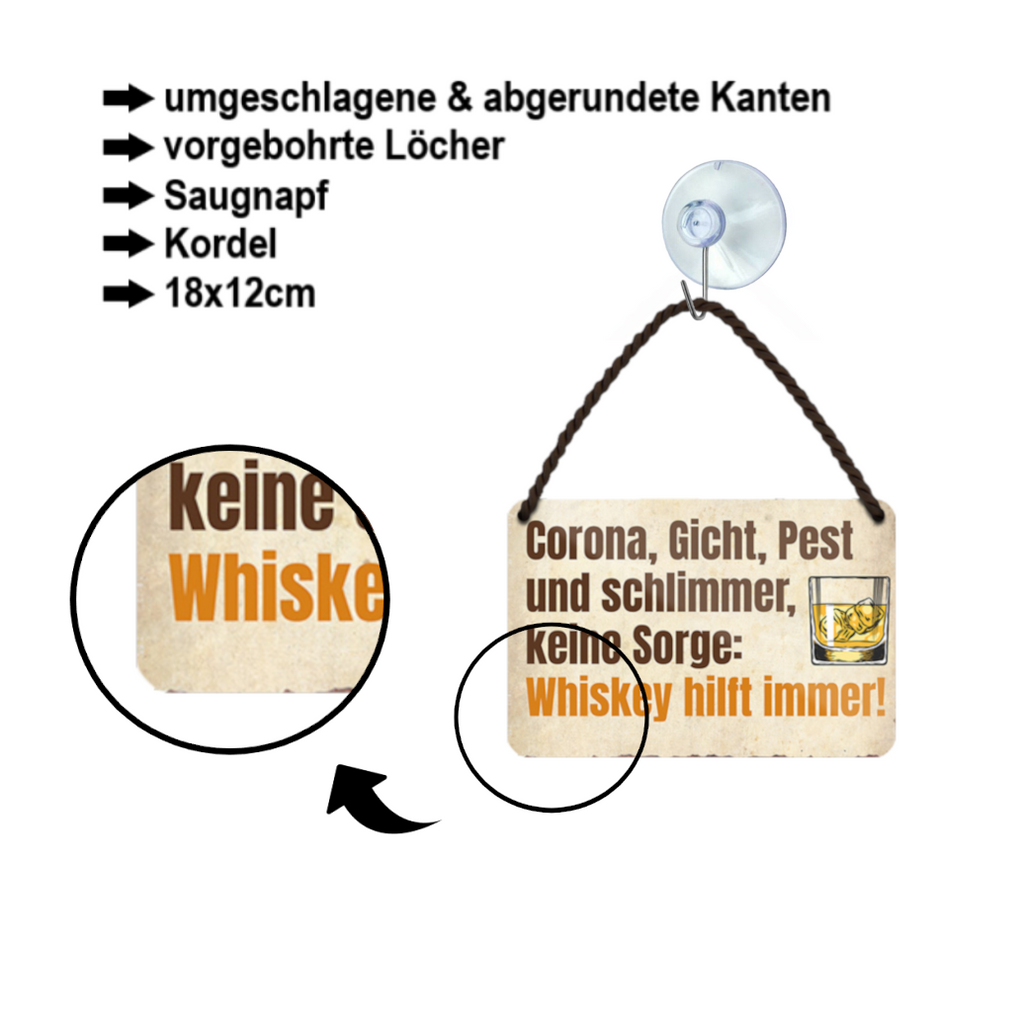 Blechschild ''Corona, Gicht, Pest und Schlimmer.. Whiskey'' 18x12cm