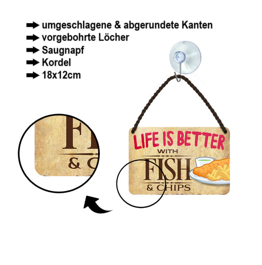 Tin sign ''Life is better Fish &amp; Chips'' 18x12cm