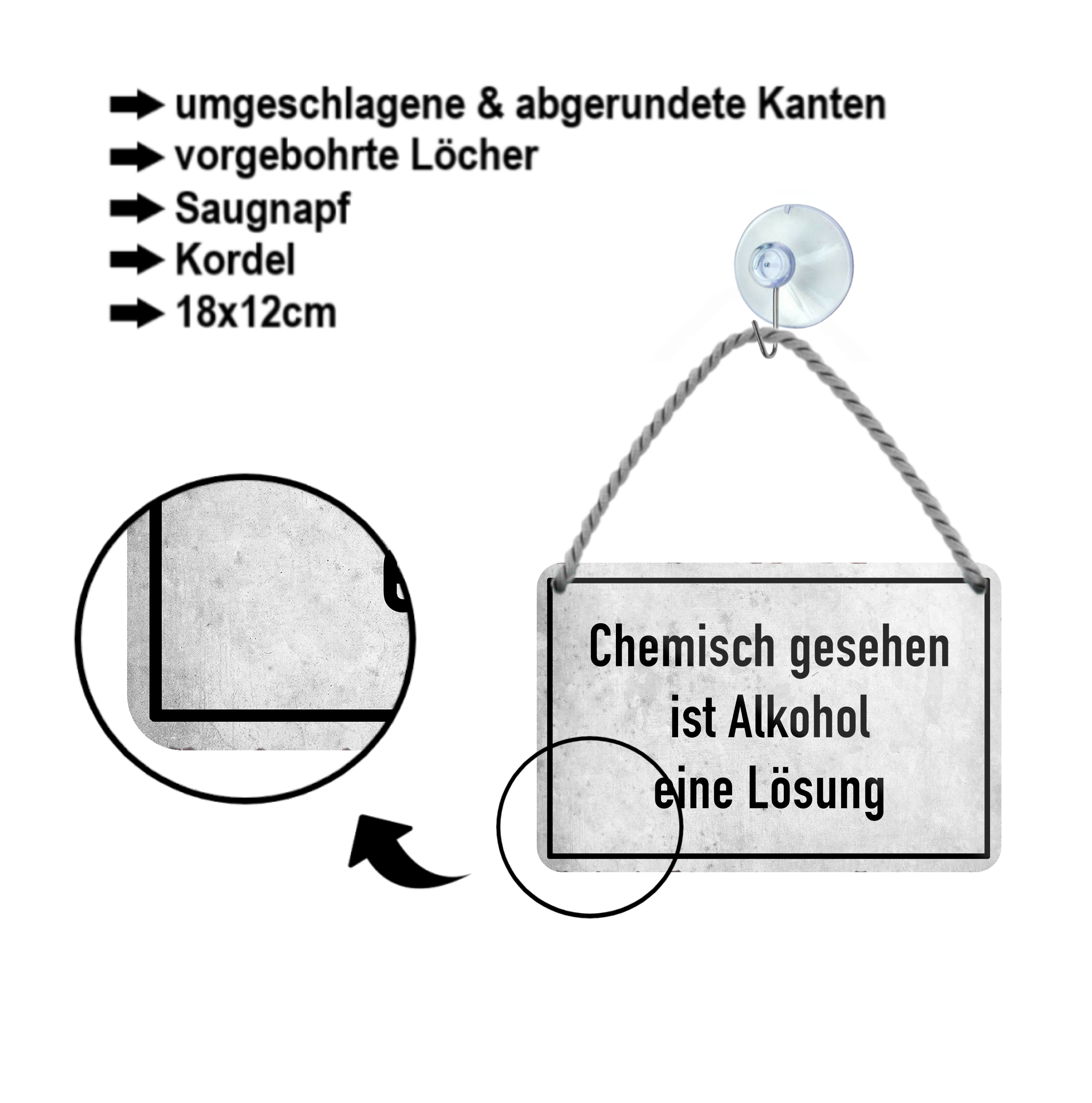 Blechschild ''Chemisch gesehen ist Alkohol eine Lösung'' 18x12cm