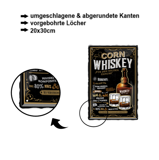 Blechschild ''Corn Whiskey (dunkler Flaschenhals)'' 20x30cm