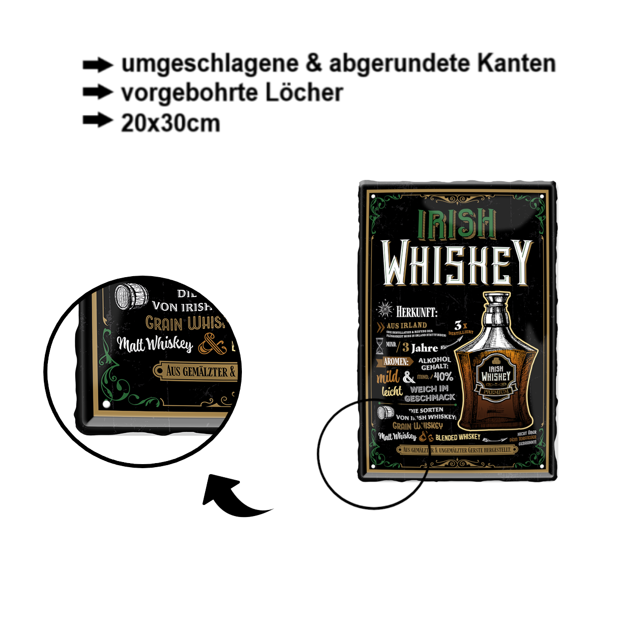 Tin Sign "Irish Whiskey" 20x30cm