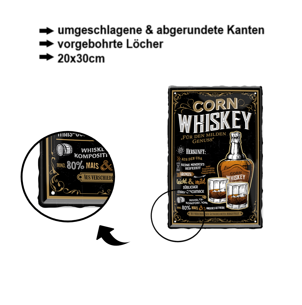 Tin sign "Corn Whiskey (light bottle neck)" 20x30cm
