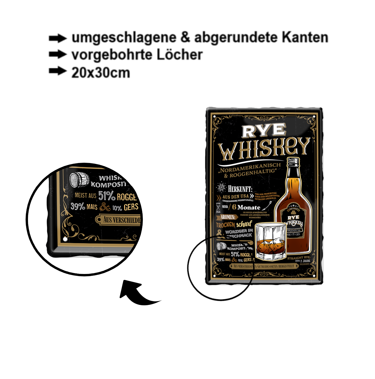 Blechschild ''Rye Whiskey (Schraubverschluss)'' 20x30cm