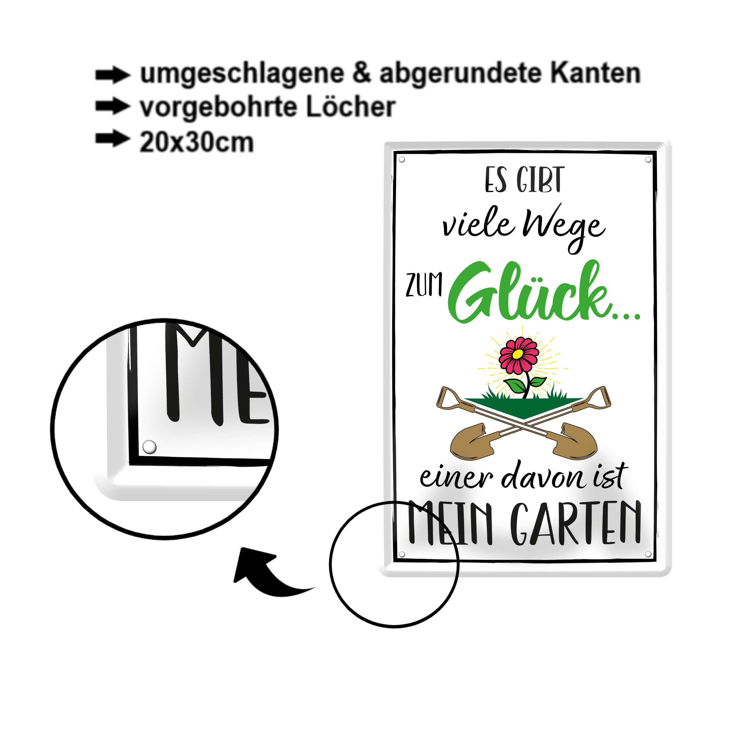 Blechschild ''Es gibt viele Wege zum Glück Garten'' 20x30cm