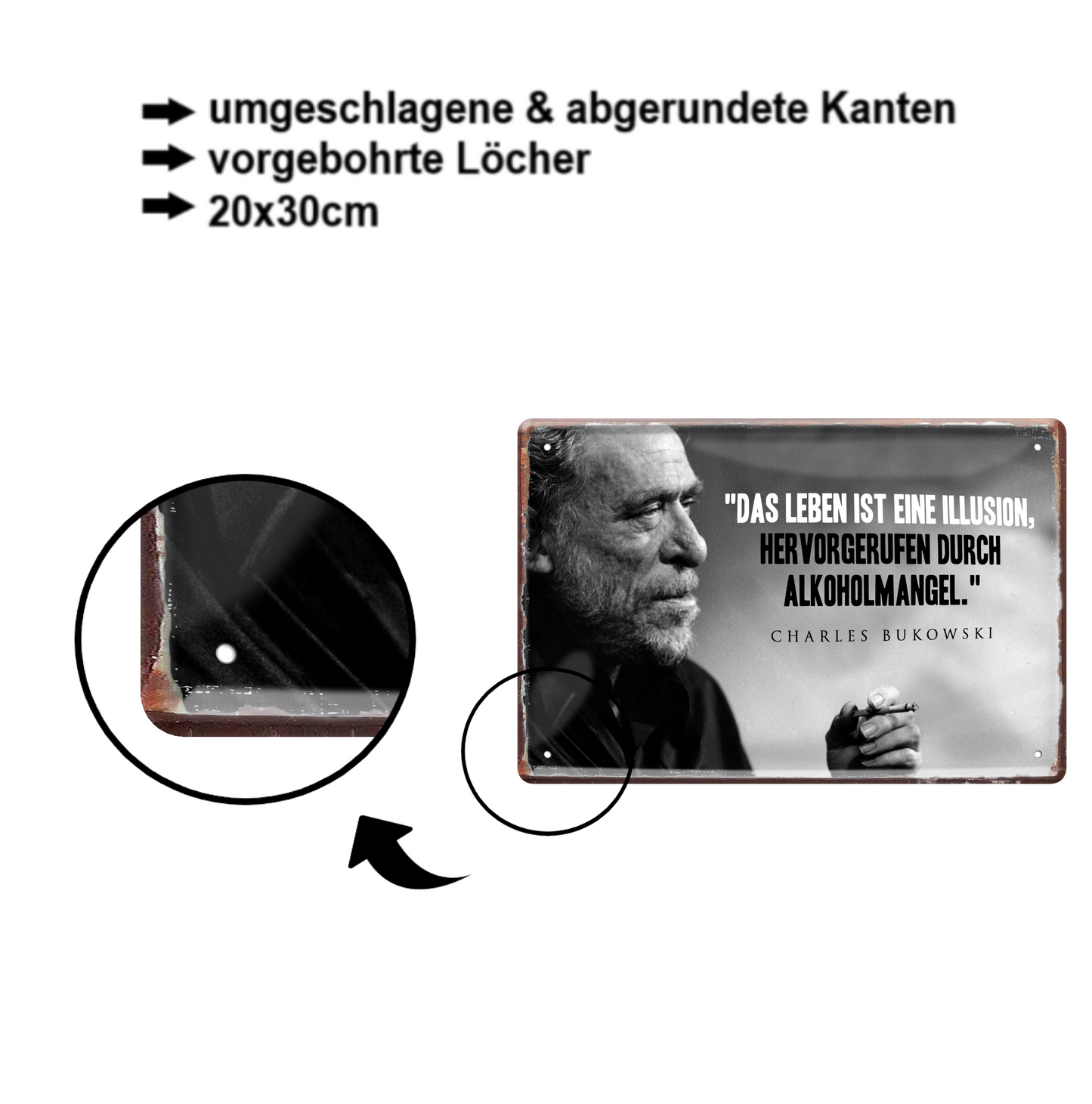Blechschild ''Das leben ist eine Illusion (Bukowski)'' 20x30cm
