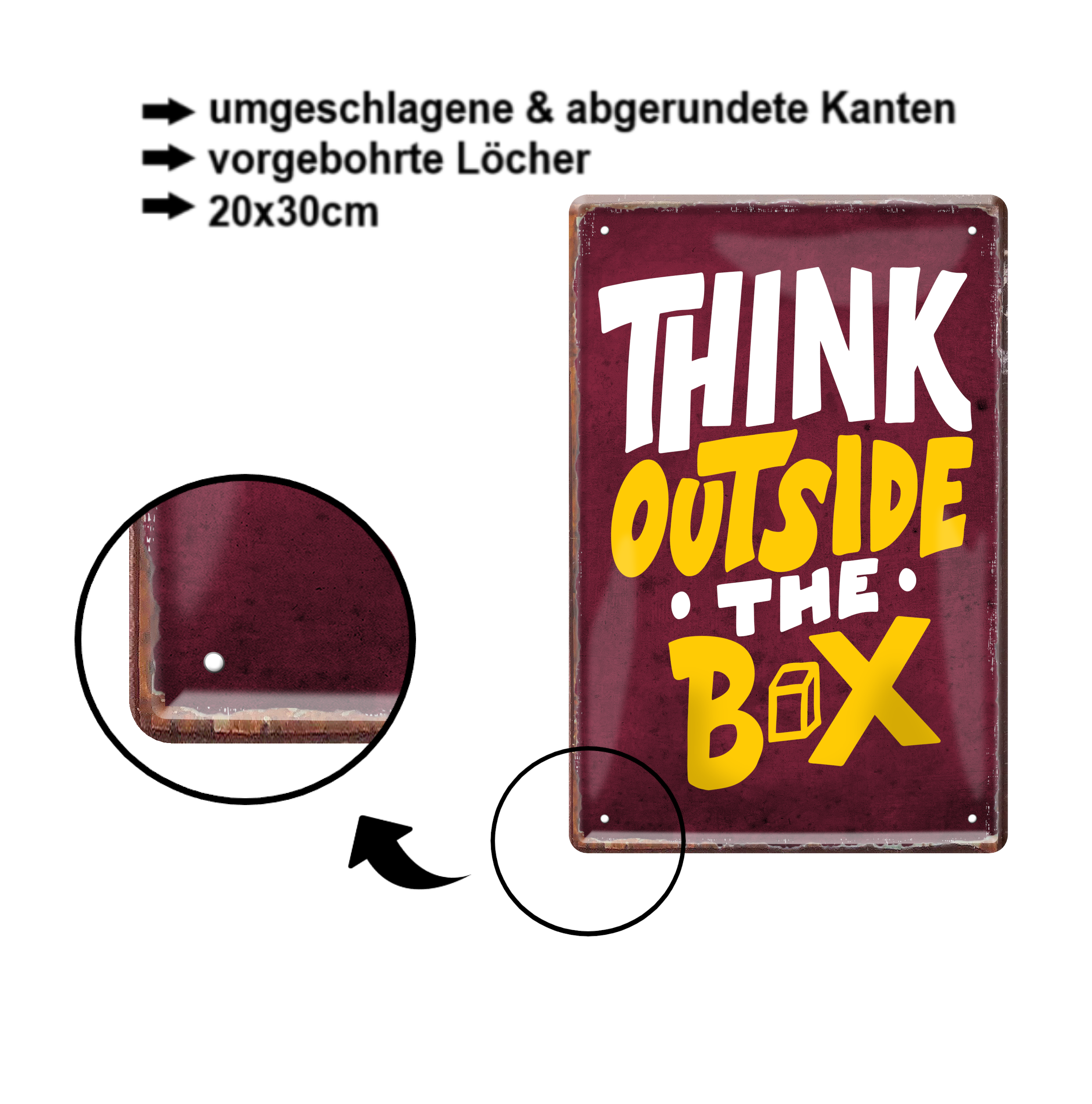 Blechschild ''Think outside the box'' 20x30cm