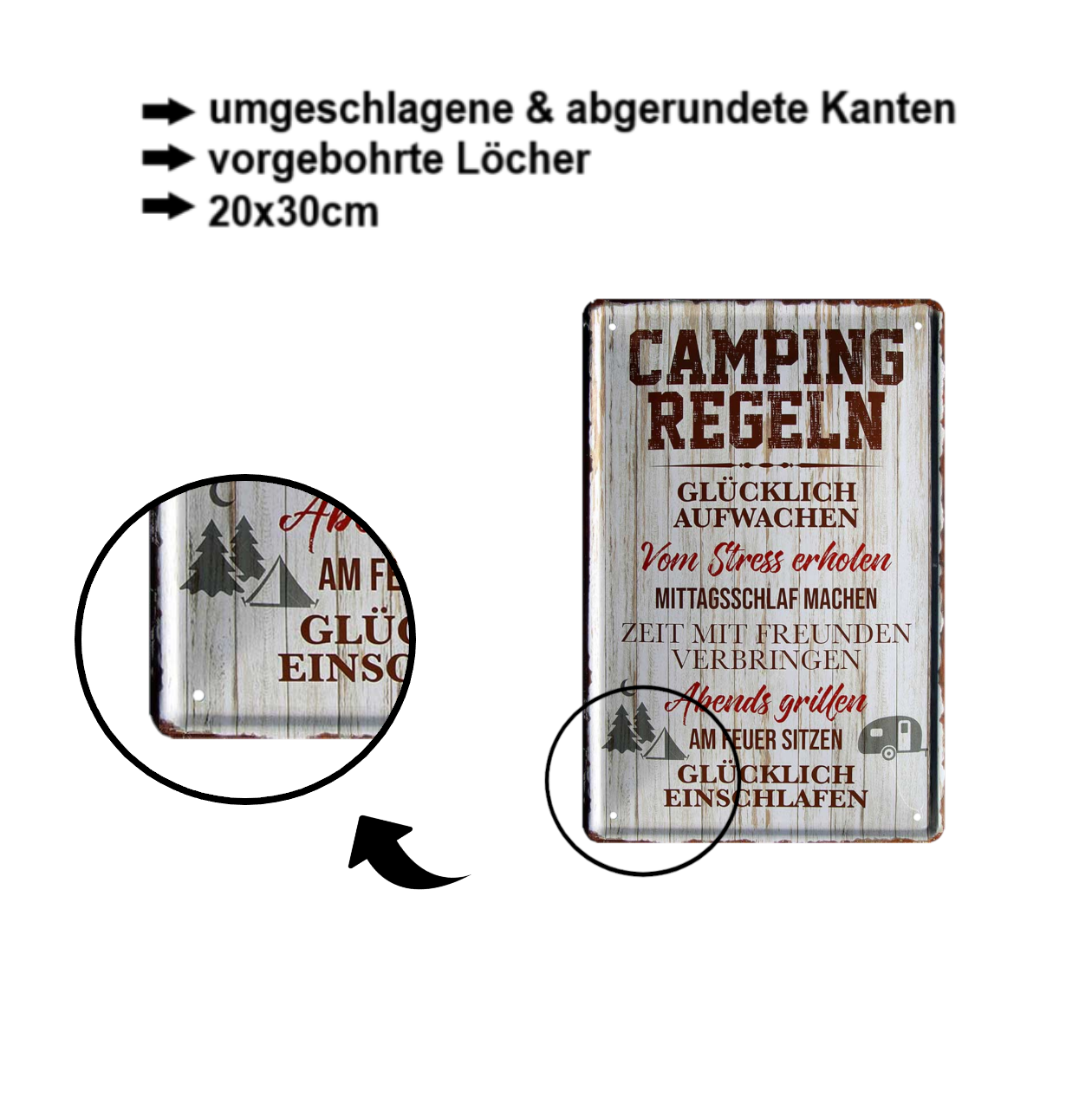 Blechschild ''Camping Regeln. Glücklich aufwachen. Stress erholen'' 20x30cm