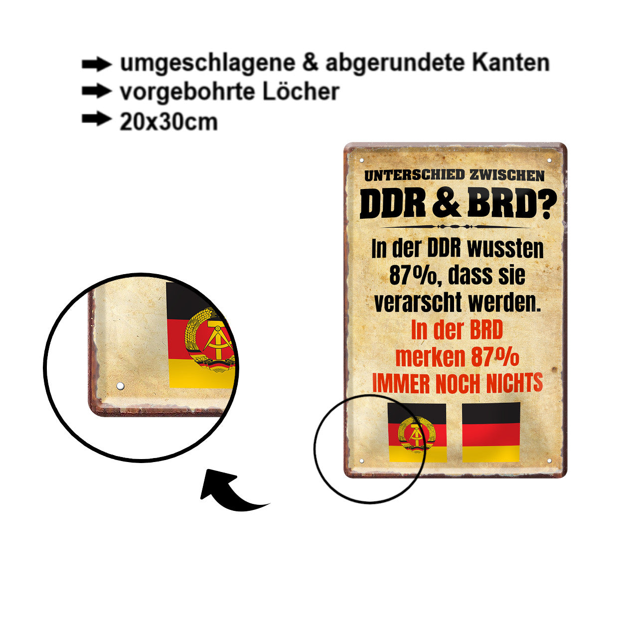 Tin sign "Difference between DDR &amp; FRG" 20x30cm