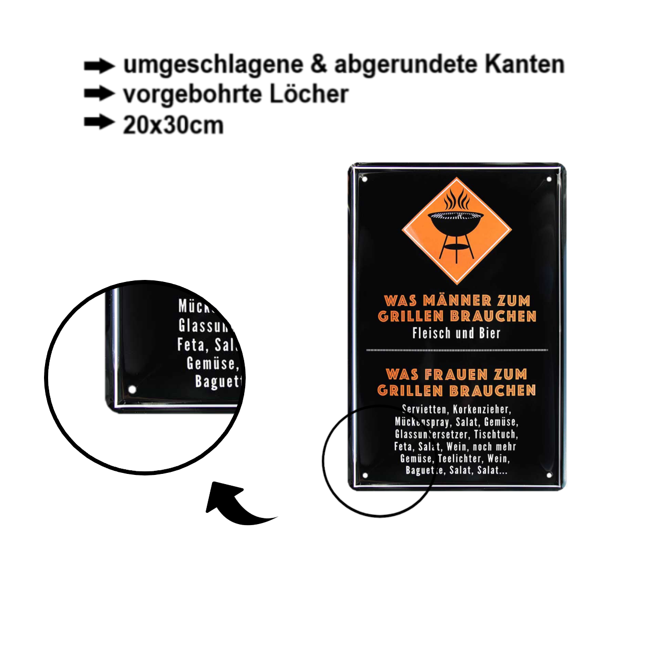 Blechschild ''Was Männer zum Grillen brauchen Fleisch Bier (Schwarz Orange)'' 20x30cm