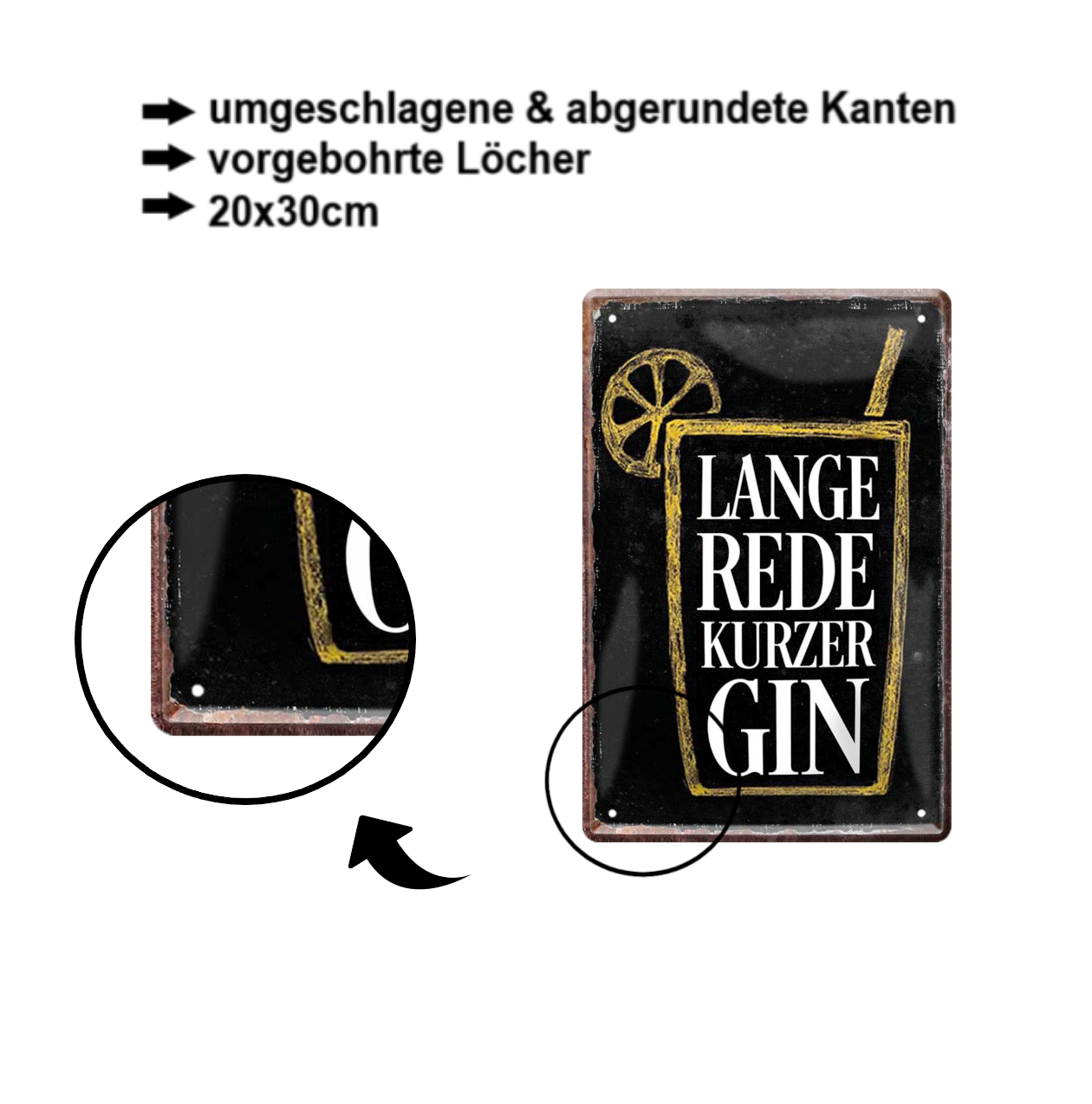 Blechschild ''Lange Rede kurzer Gin (schwarzer Hintergrund)'' 20x30cm