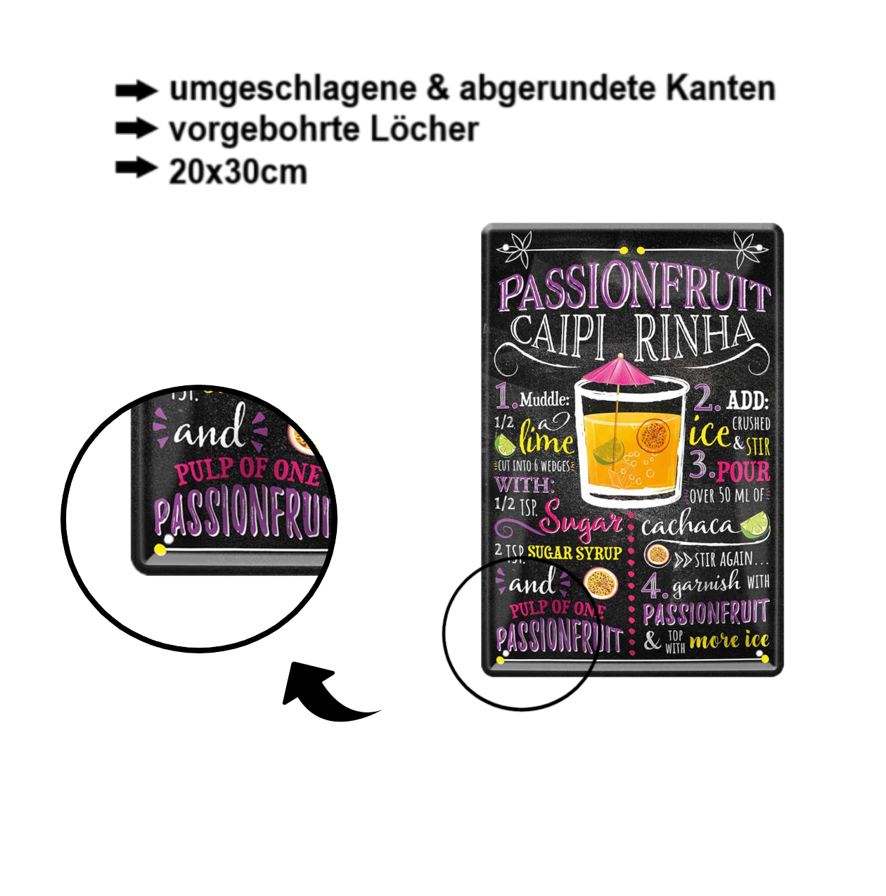 Blechschilder ''Cocktailrezepte 4 von 5'' Pina Colada, Sangria, Tequila Sunrise, Tom Collins uvm 20x30cm
