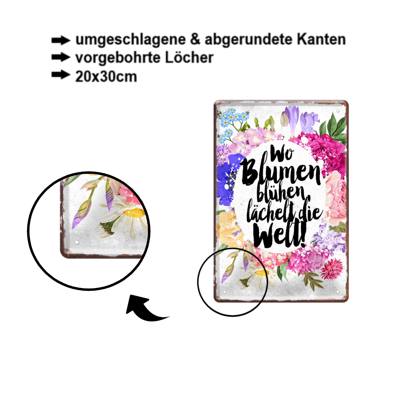 Blechschild ''Wo Blumen blühen lächelt die Welt (Blumen kreisförmig)'' 20x30cm