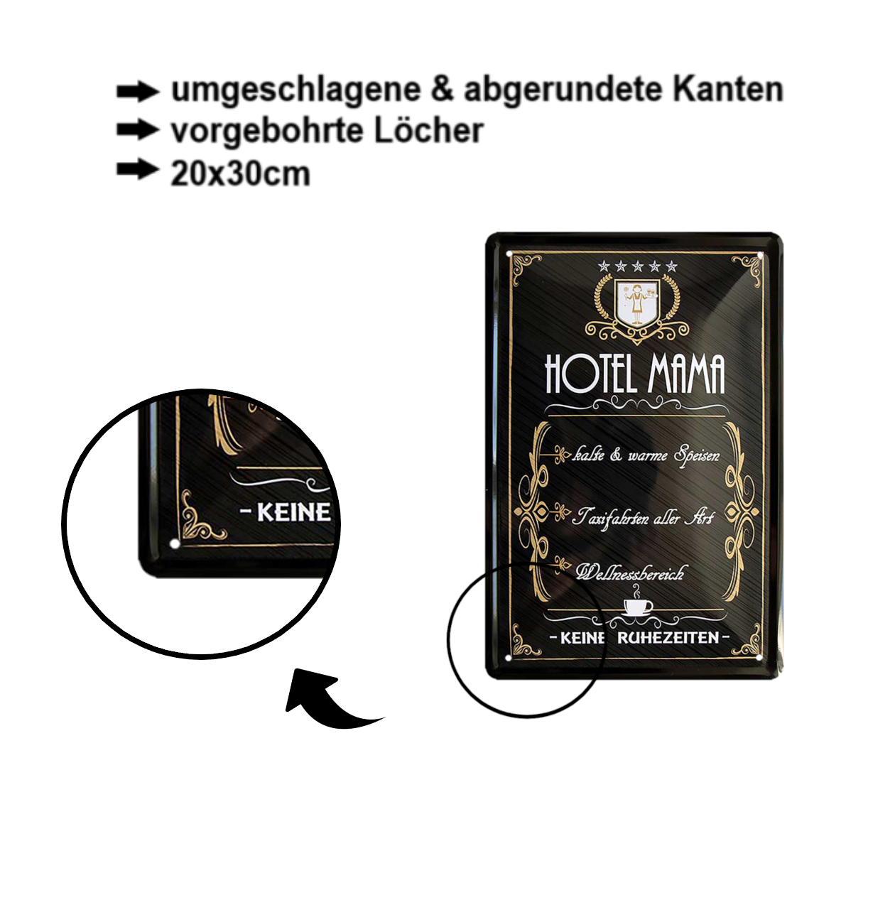 Blechschild ''Hotel Mama kalte und warme Speisen, Taxifahrten aller Art'' 20x30cm