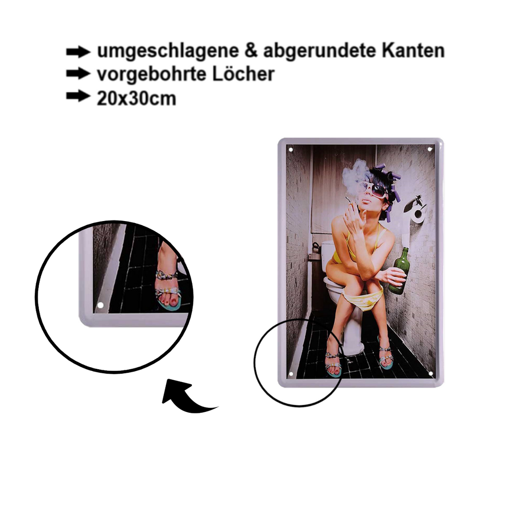 Blechschild ''Pinup rauchend auf WC'' 20x30cm